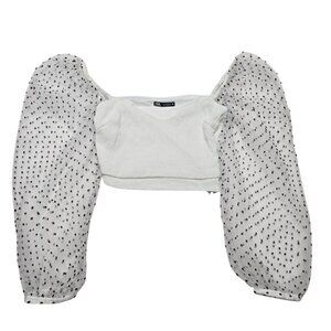 Zara Crop Top Womens Small White Clip Dot Sheer Balloon‎ Sleeve Whimsical Fairy